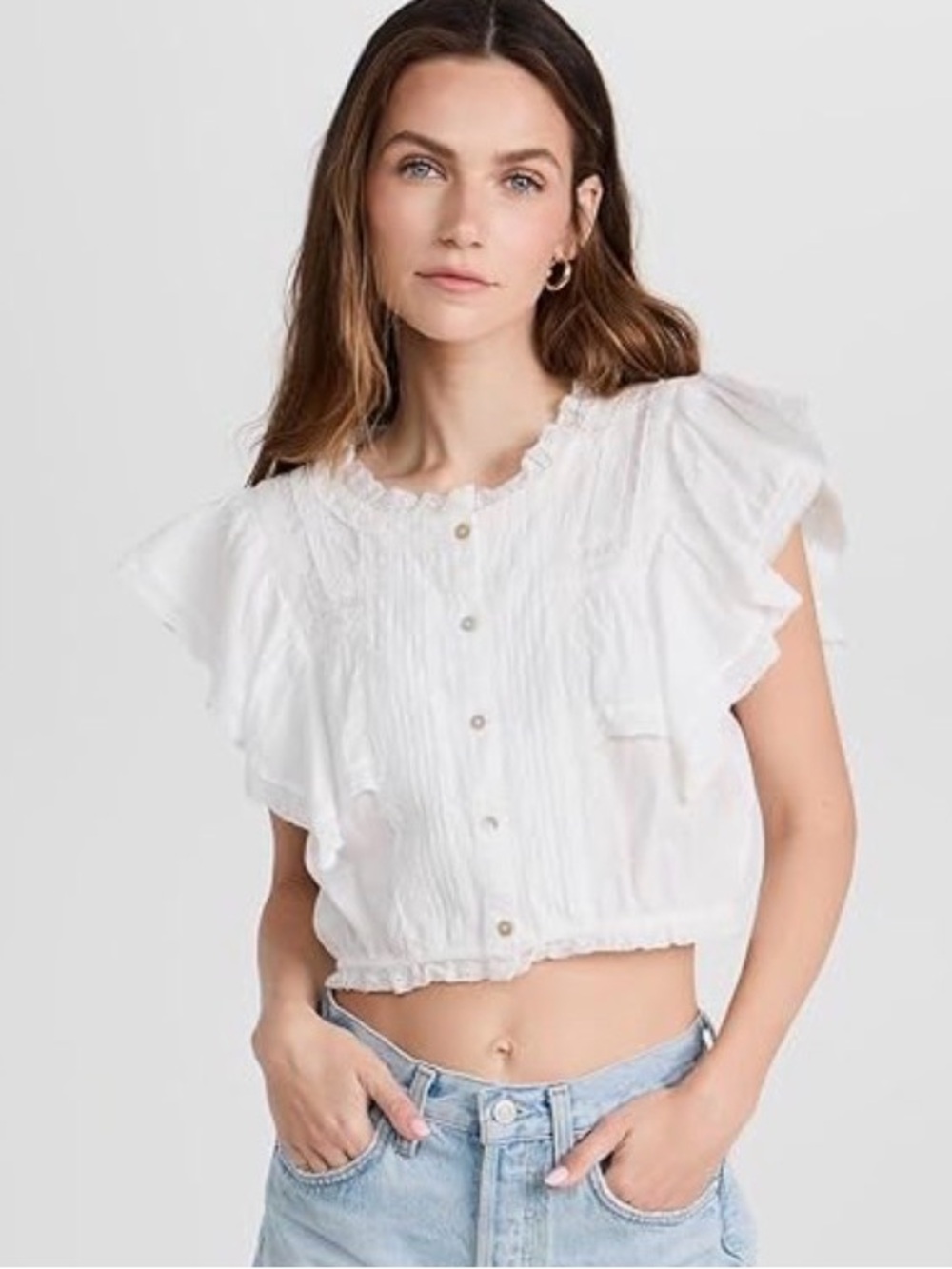 NWT [LoveShackFancy] Nora Heritage White Flutter Crop Top Women's Multiple Sizes - Picture 2 of 14